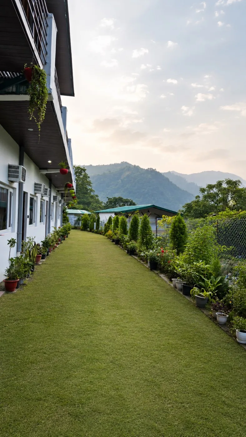 Garden pathway with a Himalayan backdrop
