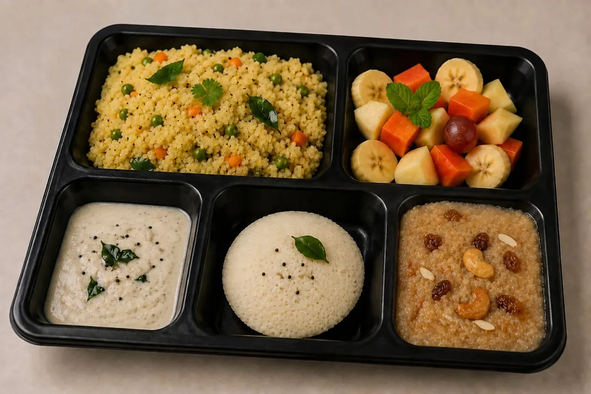 Sattvic breakfast thali — upma, idli, coconut chutney, fresh fruit and halwa