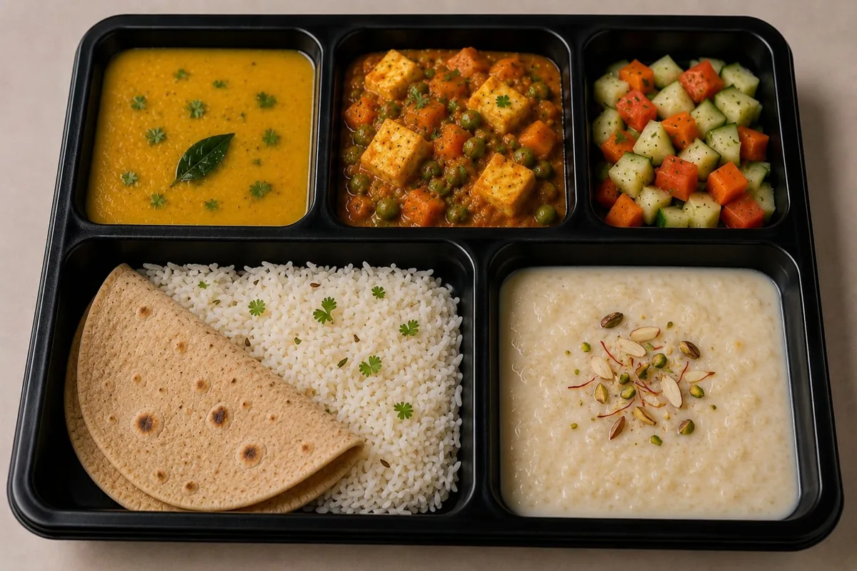 Sattvic vegetarian thali — dal, paneer curry, rice, roti and kheer