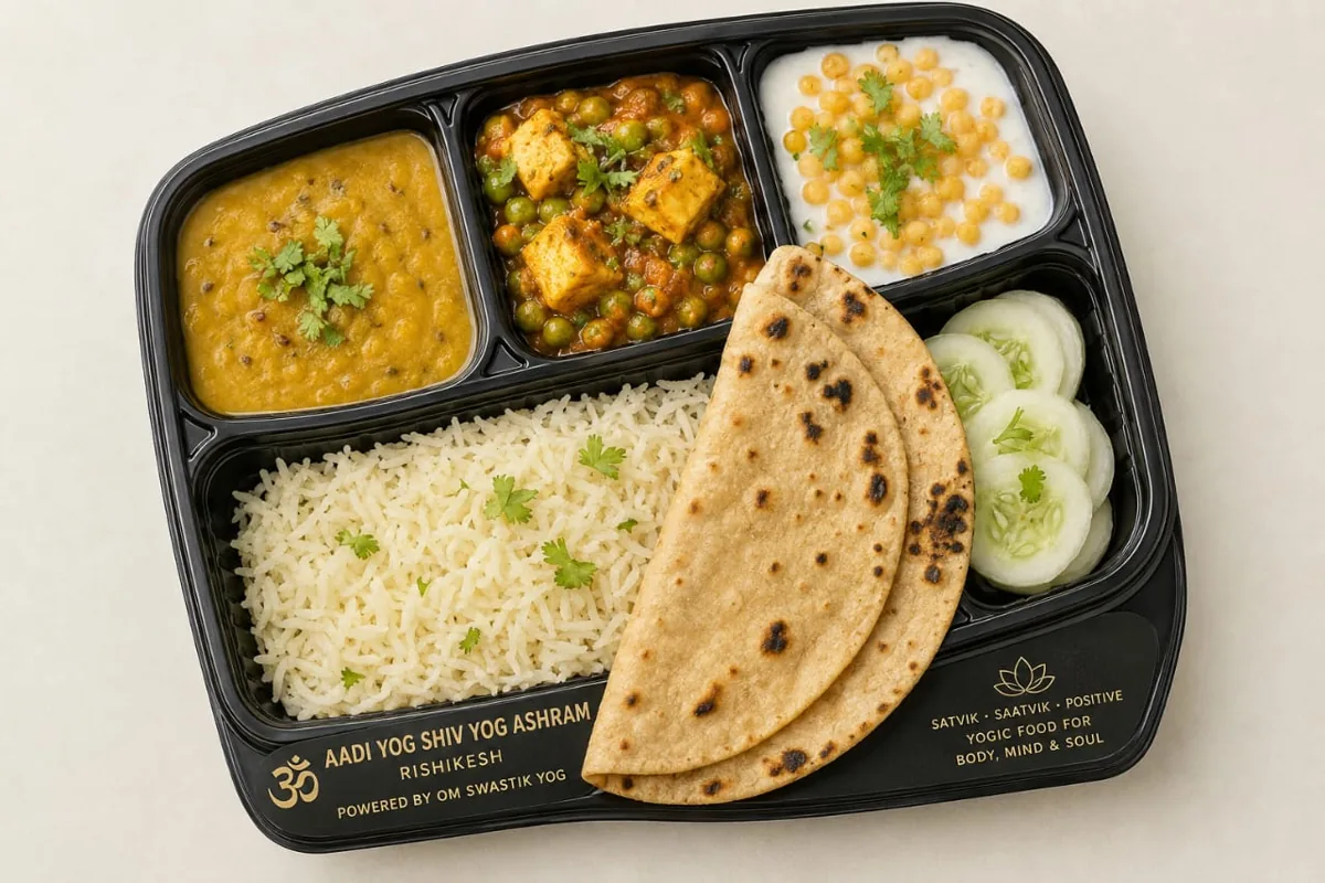 Sattvic vegetarian thali — dal, paneer, rice, roti, raita and salad